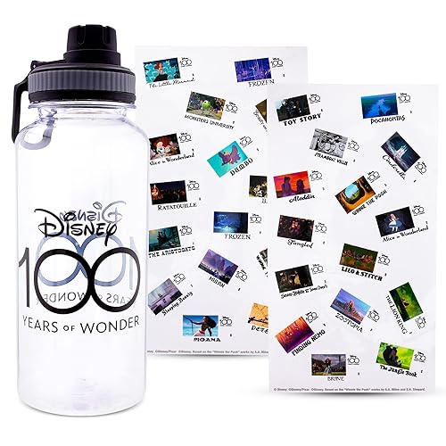 Disney 100 Years of Wonder Twist Spout Plastic Water Bottle Jug and Sticker Set For Personalizing | Holds 32 Ounces