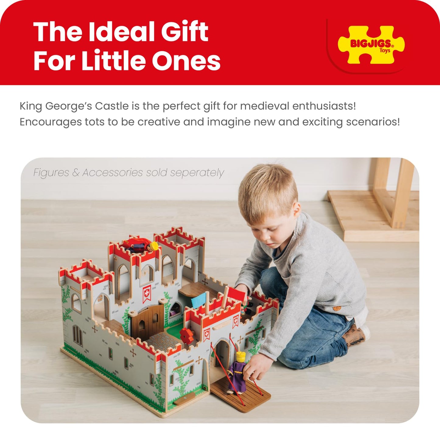 Bigjigs Toys King George's Castle – Wooden Medieval Fort Playset with Drawbridge, Balconies & Doors, Fantasy Role Play Toy for Kids 3+