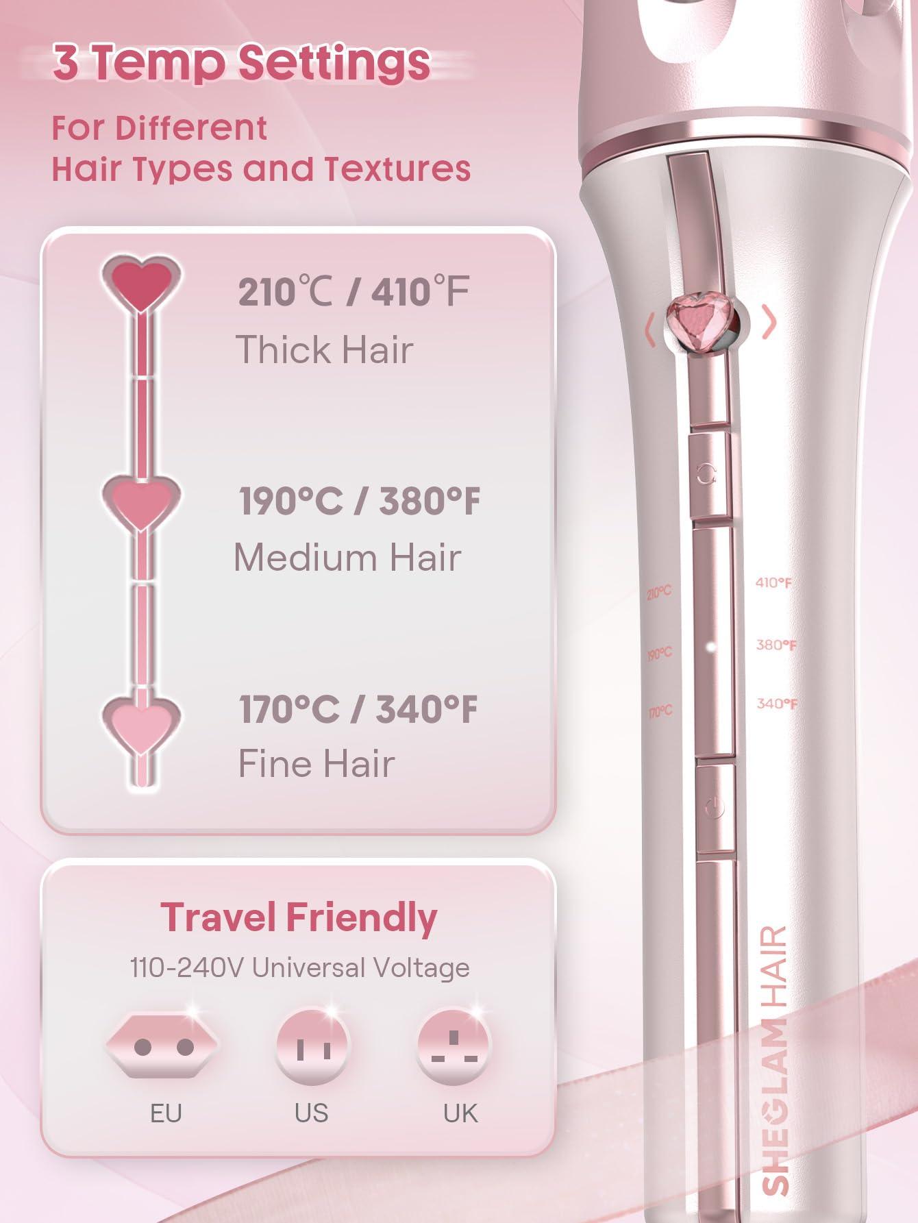 SHEGLAM Pink Curling Iron Automatic Gift for Woman (Pink, 1.25 inch) Cupid's Charm One-Touch Instant Curler Beauty and Personal Care SHEGLAM
