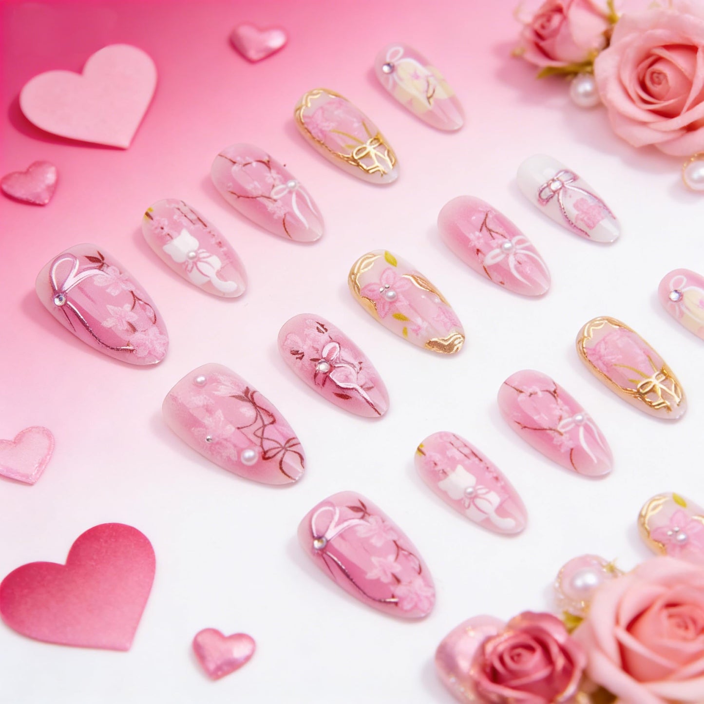 30Pcs Pink Flower Press on Nails Medium Almond Fake Nails Peach Blossom with 3D Rhinestones Pearl Gold Glitter Design Artificial Cute Cat Nails Stick Beauty and Personal Care KRTBKR