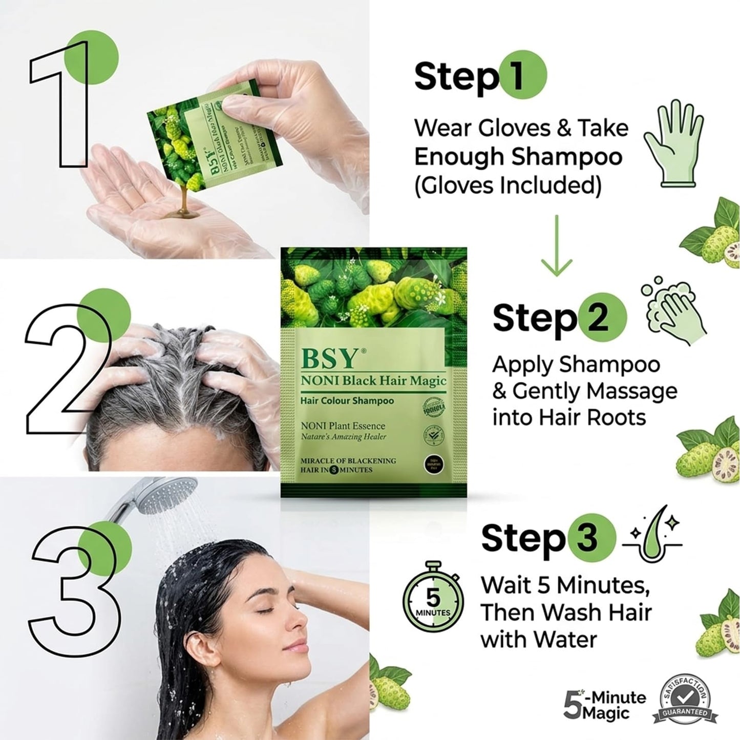 BSY Noni Black Hair Magic Hair Color Shampoo (12ml x 5 Sachets) | Ammonia-Free Permanent Noni Fruit Hair Dye | Natural Black Shade in 5 Minutes
