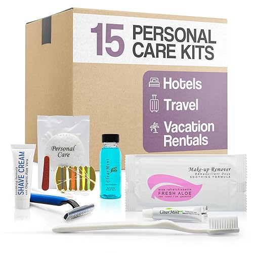 Personal Care Travel Toiletries | 1-Shoppe Amenities Kit | Travel Shaving Set, Toothbrush & Paste, Mouthwash, Makeup Wipes, Swabs, Nail File & Sewing