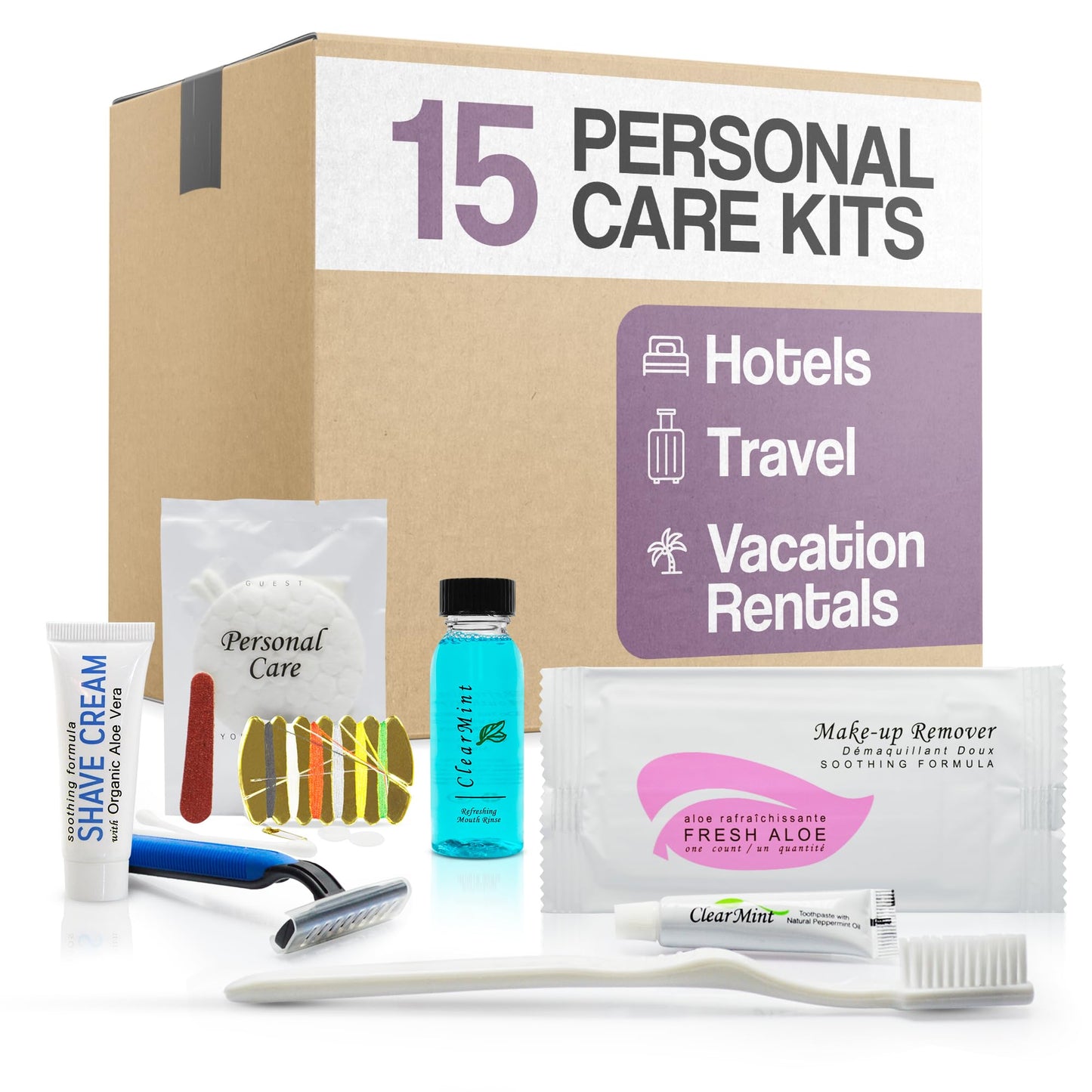 Personal Care Travel Toiletries | 1-Shoppe Amenities Kit | Travel Shaving Set, Toothbrush & Paste, Mouthwash, Makeup Wipes, Swabs, Nail File & Sewing