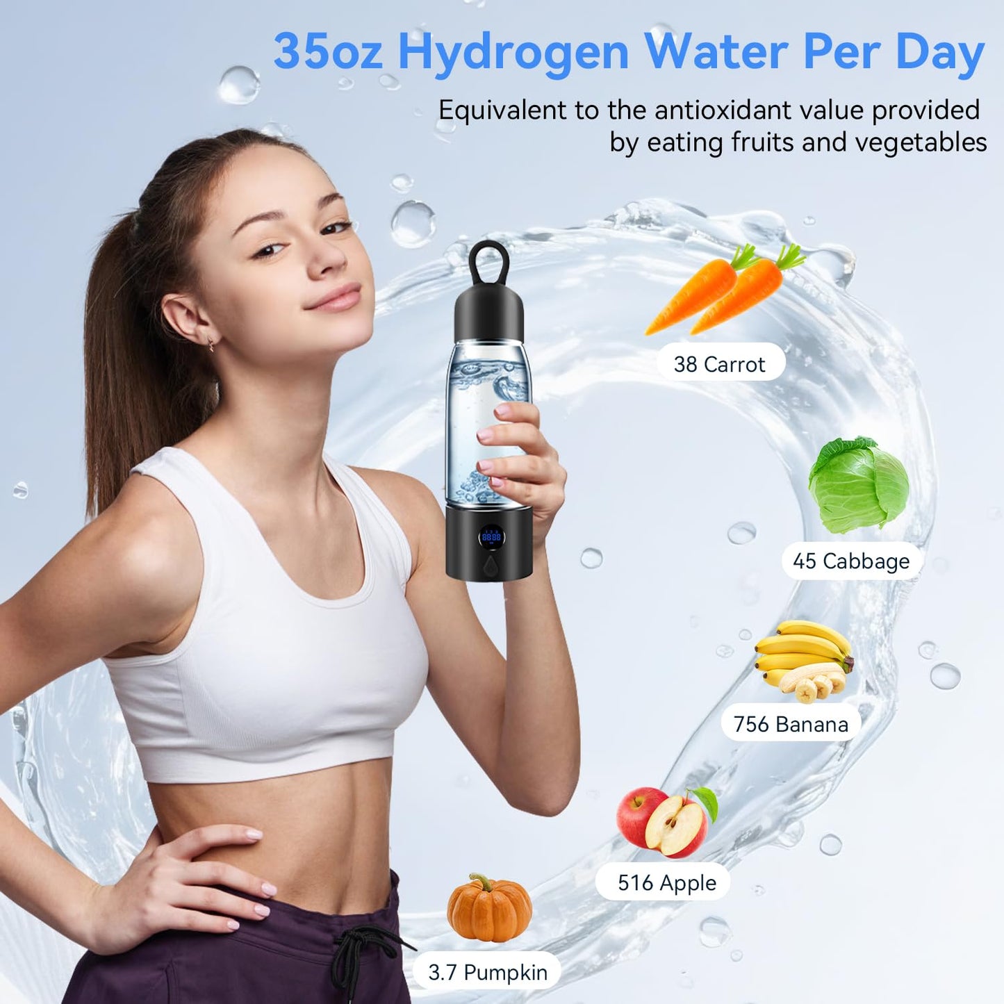 Hydrogen Water Bottle with Three Modes Produces 5000 PPB of Hydrogen Water in 8 Minutes,Made of Aluminium and Glass,with Colorful Light,Rechargeable