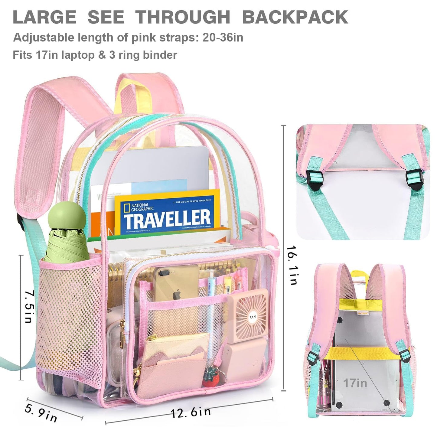 BYXEPA Clear Backpack Heavy Duty TPU See Through Transparent Backpack with Reinforced Strap & Large Capacity for Girls Women School College Workplace Security - Pink, 16.1in
