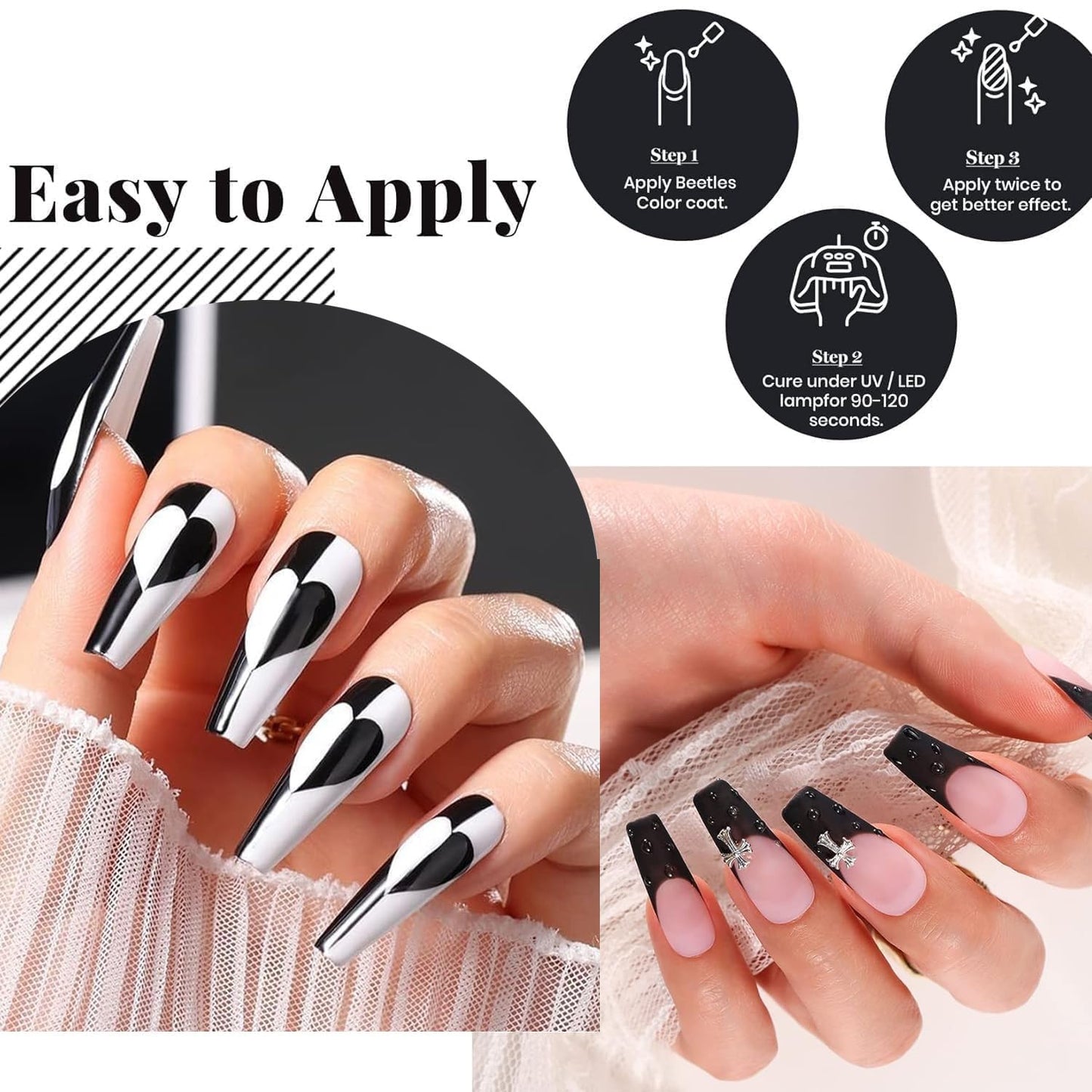 Beetles 3 Pcs No Wipe Gel Top Coat Base Coat & Black Gel Nail Polish Set, Shine Finish and Long Lasting, Soak Off LED Lamp Base Top Uv Lamp Nail Art Beauty and Personal Care beetles Gel Polish