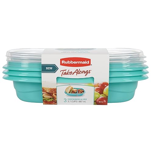 2 Sets of Rubbermaid TakeAlongs On the Go Food Storage and Meal Prep Containers, 3.7 Cup Divided Rectangle, 3-Pack, Teal Splash
