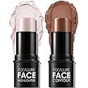 FOCALLURE 2 Pcs Contour Foundation Stick, Highlighter & Bronzer Pen, Face Brightens & Shades Pencil, Highlighting Shade Longwear Makeup, Highlight