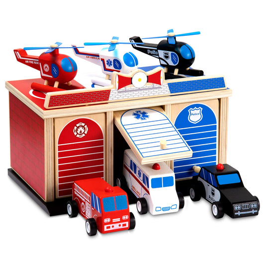 Rescue Station Wooden Playset – 2-Level Garage with Fire Truck, Ambulance, Police Car & 3 Helicopters – Emergency Vehicles for Kids 3+