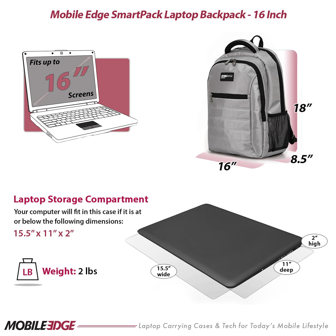 Mobile Edge SmartPack Laptop Backpack for Men and Women, Fits 16-inch Laptops, for Work, Business, Travel, Ultra Lightweight and Sleek, Silver