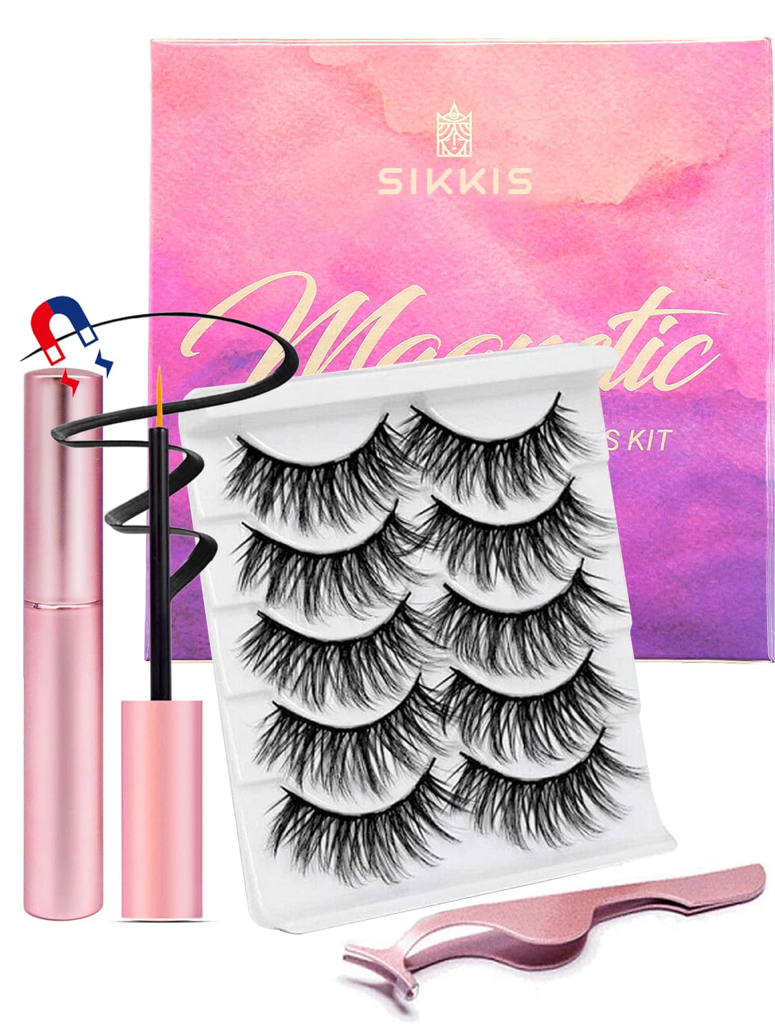 Sikkis Magnetic Eyelashes with Eyeliner - Magnetic Eyelashes Mink Look Kit, Mixed 3D Mink Reusable False Lashes with Applicator, No Glue Needed -5