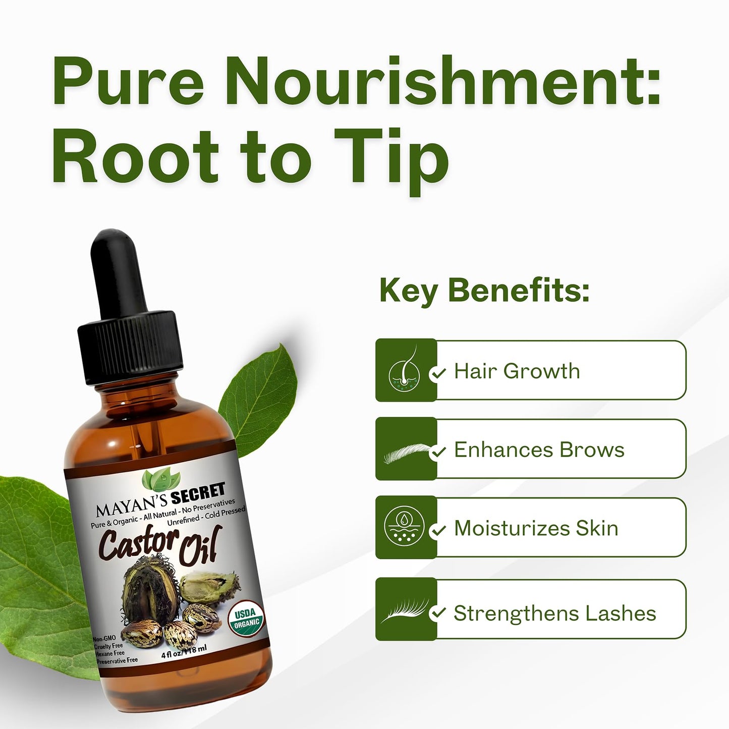 Mayan's Secret - Pure Cold-Pressed Castor Oil Organic Hexane-Free Unrefined 4 fl oz Glass Bottle - Natural Castor Oil for Hair Growth, Eyelashes