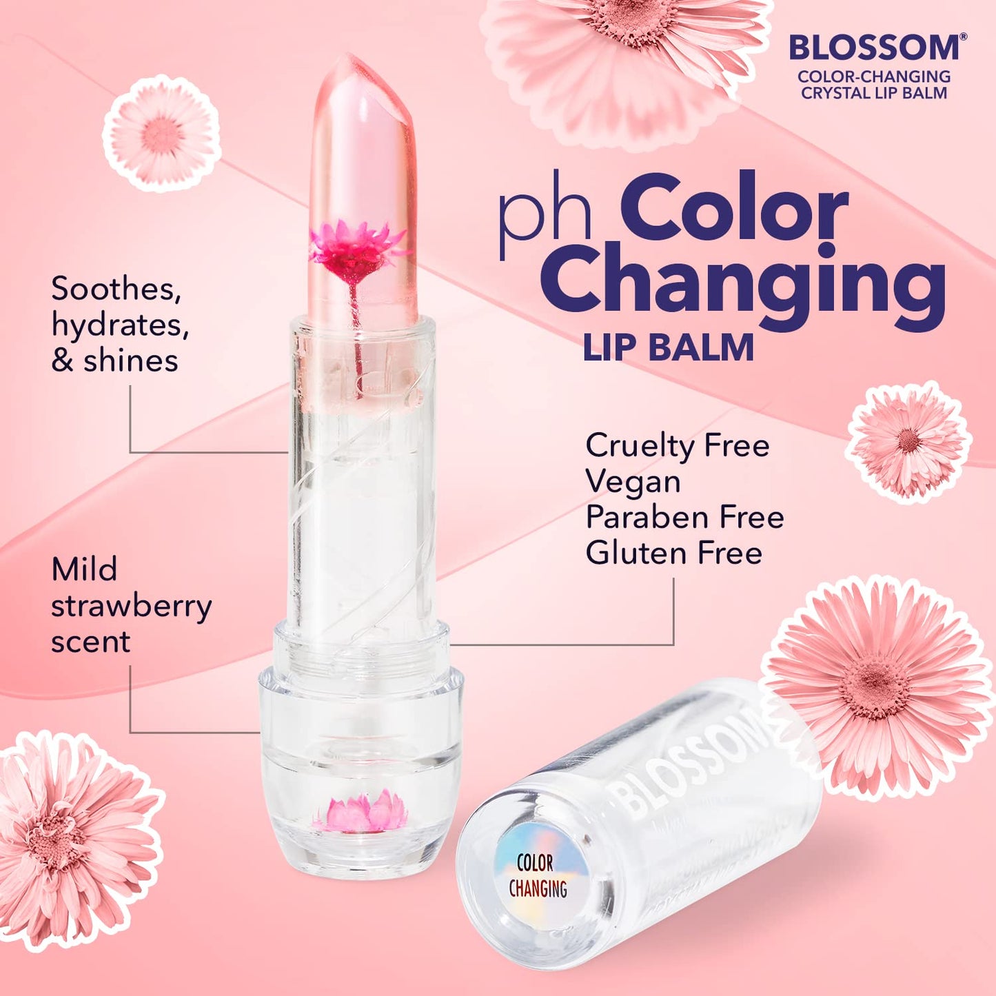 Blossom Lip Gloss Moisturizing pH Lip Balm, Strawberry Scented Color Changing Crystal Lip Stain Tint, Infused with Real Flowers, 3g, Pink