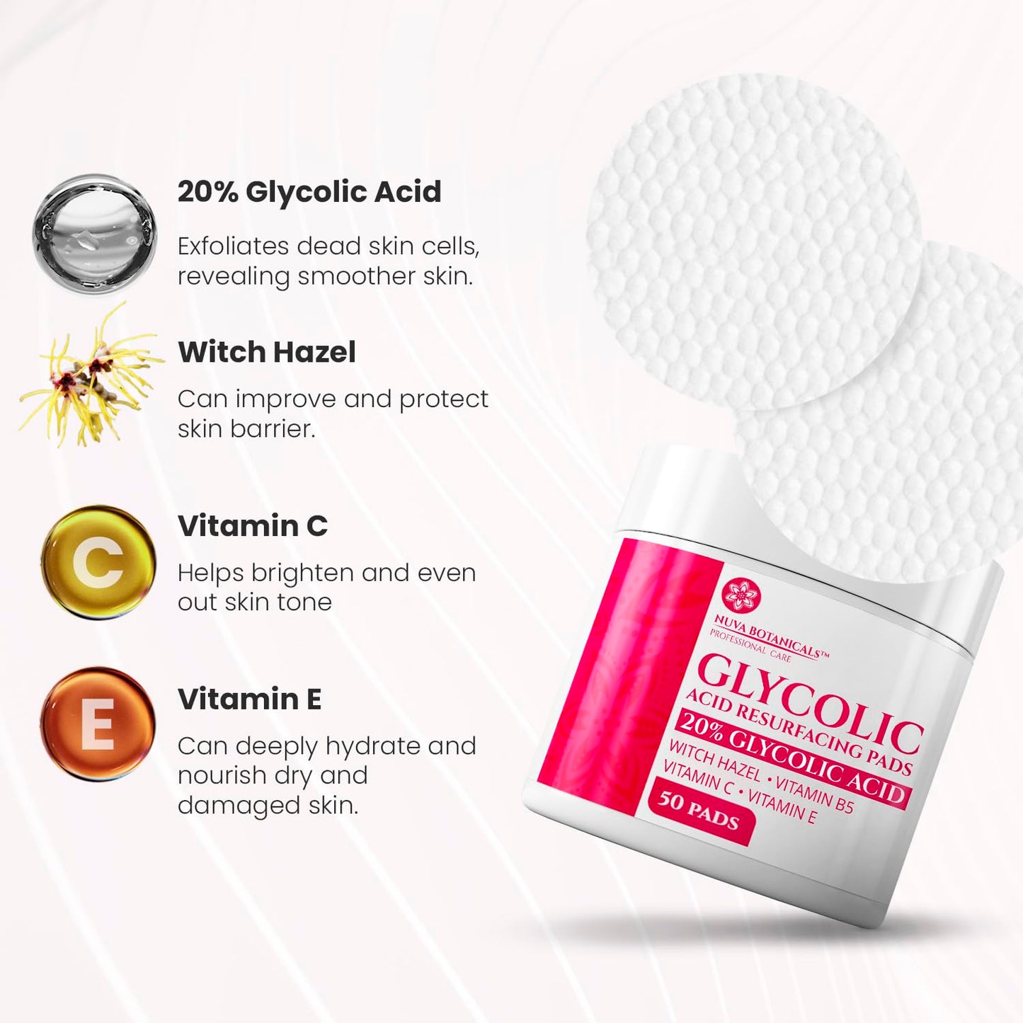 20% Glycolic Acid Exfoliating Pads 50 Ct – At-Home Chemical Peel with Vitamin C | Face Pads for Acne, Wrinkles, Dark Spots & Smooth Skin