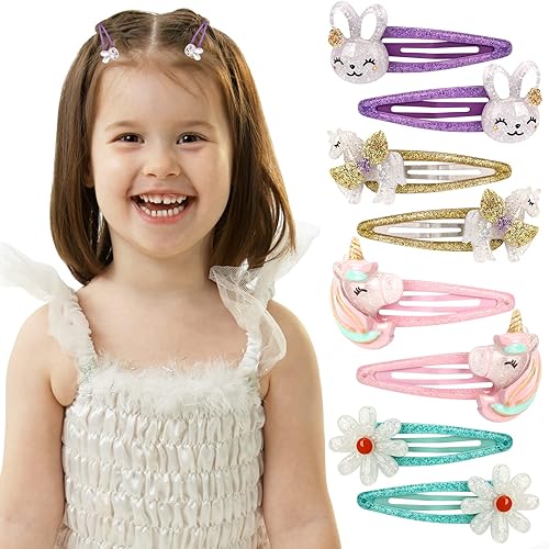 Girls Unicorn Hair Clips Toddler Girls Snap Clips with Cute Flower Pattern,Lovely Rabbit Metal Snap Hair Pins,Cute Flower Hair Clip for Toddlers