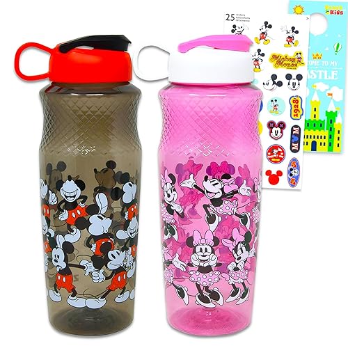 Disney Mickey & Minnie Mouse Water Bottle Set - 2 Pc School Supplies Bundle of Drinking Bottles Plus Stickers and More | Sports Cups for Kids