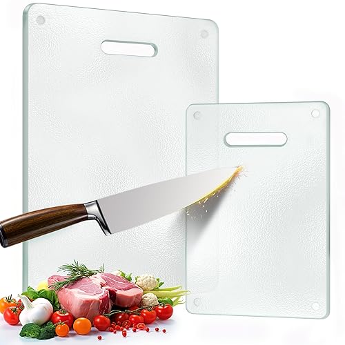 Tempered Glass Cutting Board for Kitchen, 2PCS Clear Chopping Board with Handle (16"x12" & 12"x8"), Plastic Free, Scratch Resistant, Heat Resistant…