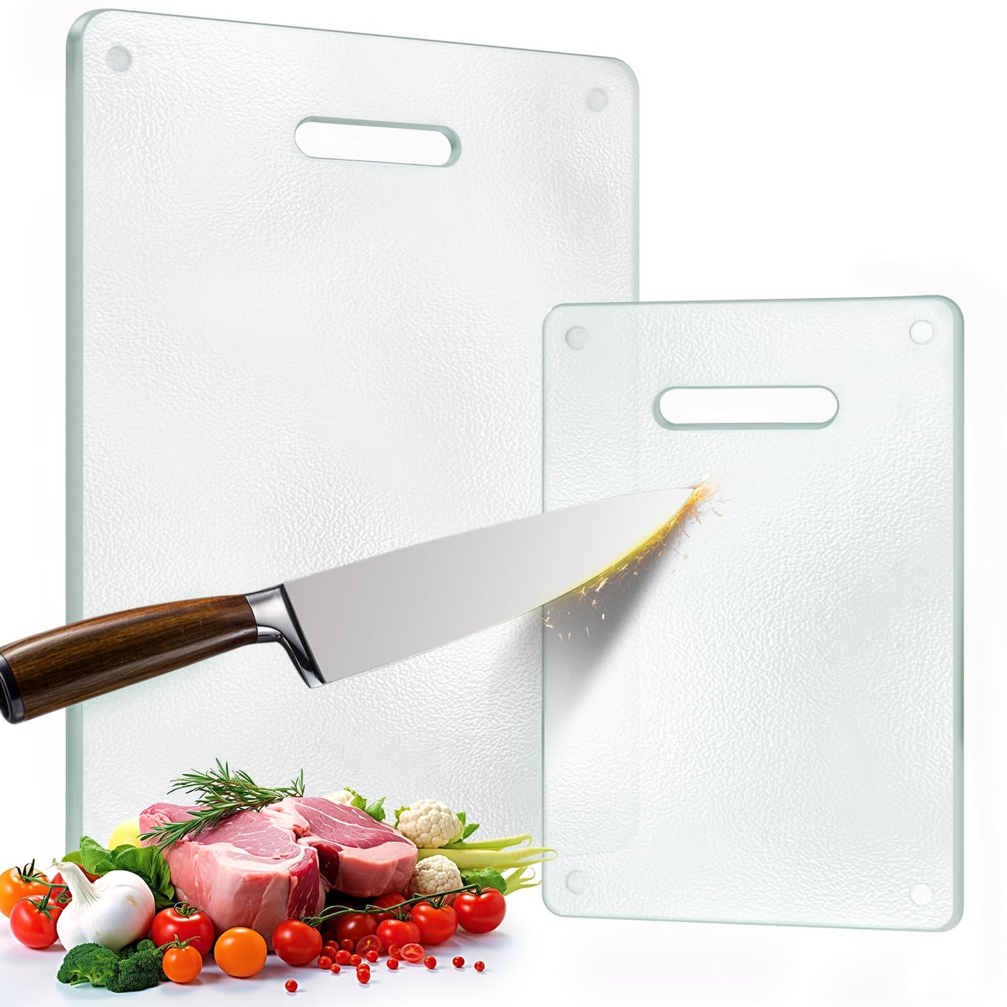 Tempered Glass Cutting Board for Kitchen, 2PCS Clear Chopping Board with Handle (16"x12" & 12"x8"), Plastic Free, Scratch Resistant, Heat Resistant…