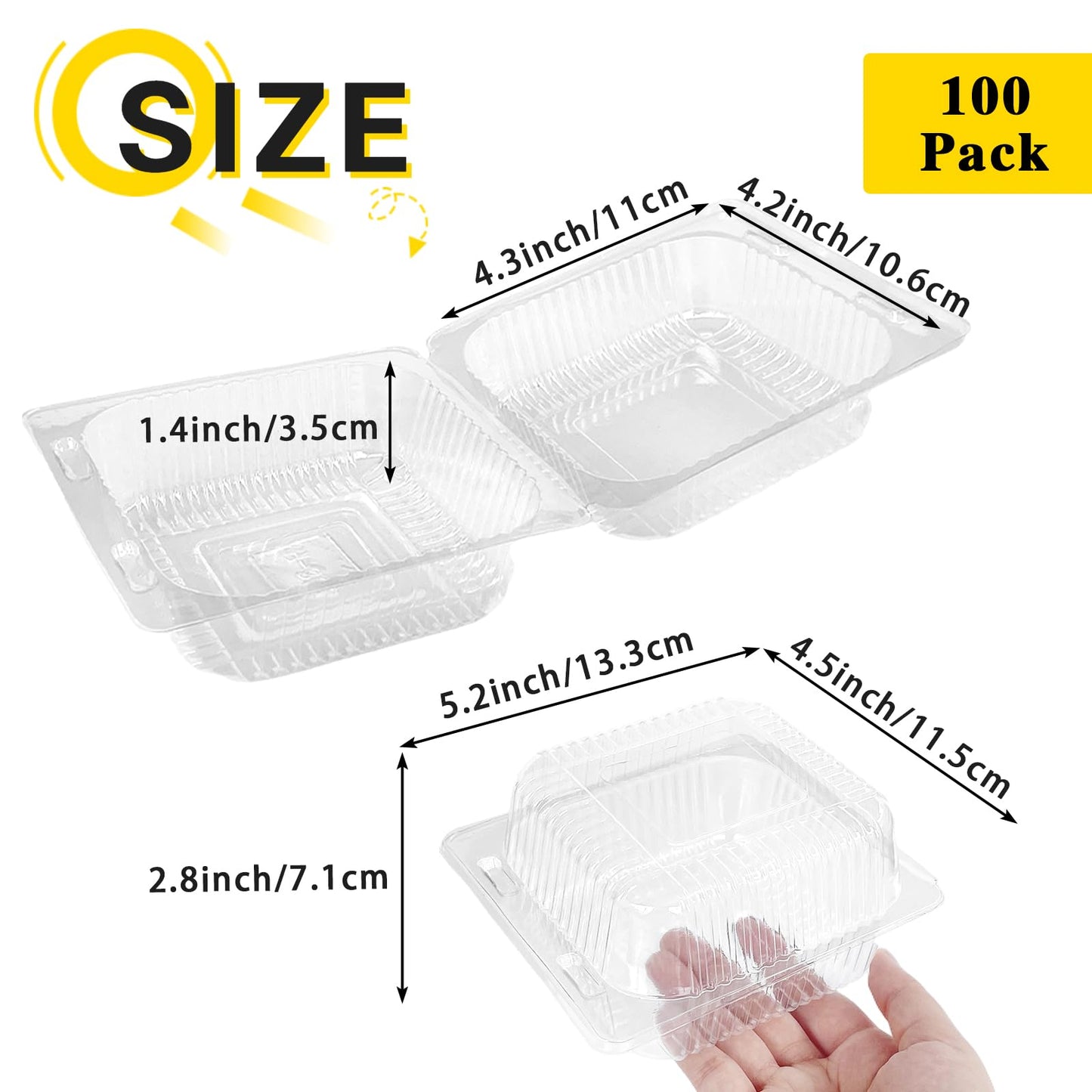 100 Pcs Clear Hinged Plastic Containers with Lids,Individual Cake Slice Containers,Square Plastic Food Container,Disposable Clamshell Take Out…