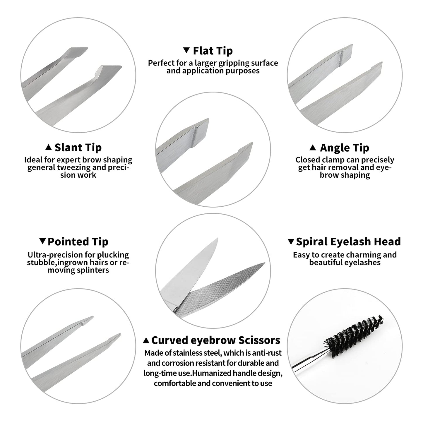 Precision Eyebrow Tweezers Set Pack of 6 for Women Ingrown Facial Hair Removal Pointed Tweezers Scissors Brush Kit for Splinter with Leather Case Gift