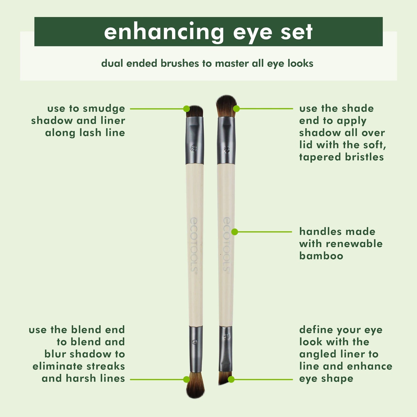EcoTools Enhancing Eye Brush Set, Makeup Brushes For Liquid, Cream & Powder Eyeshadow & Eye Liner Application, Dual-Sided & Eco-Friendly, Synthetic