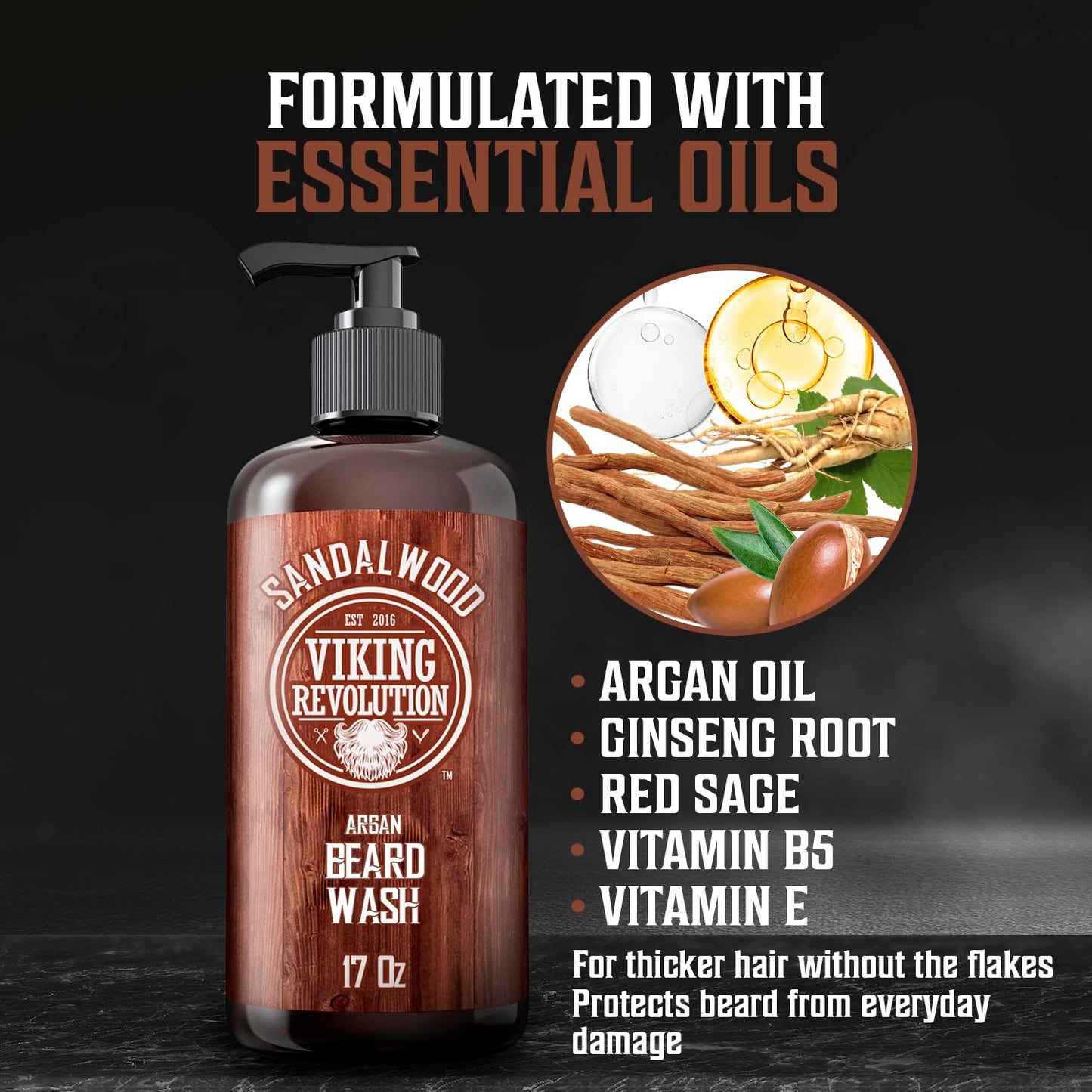 Viking Revolution Beard Wash Shampoo w/Argan & Jojoba Oils - Softens & Strengthens - Sandalwood Scent - 17 oz Shampoo