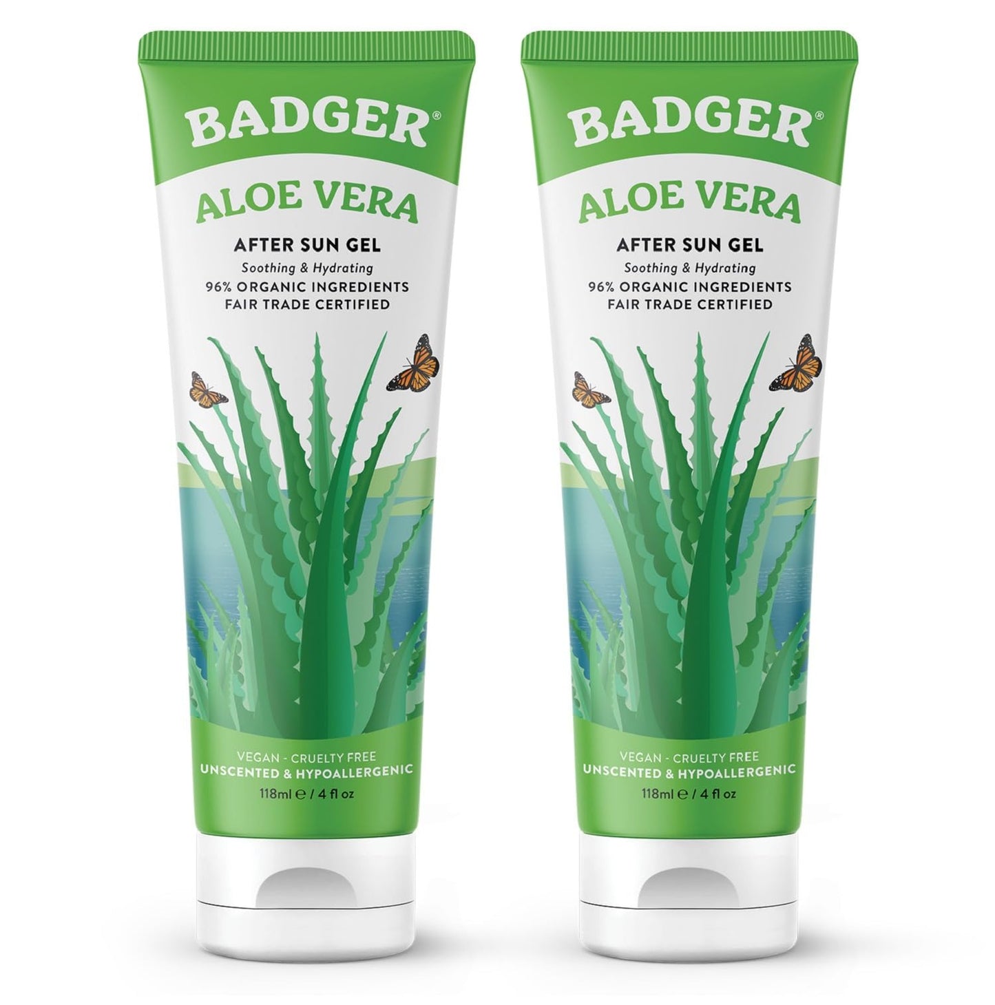 Badger Organic Aloe Vera Gel for Face & Body, 96% Pure Unscented Organic Aloe Gel for Cooling, Soothing, Non-Sticky Sunburn Relief, Vegan, Fair Trade