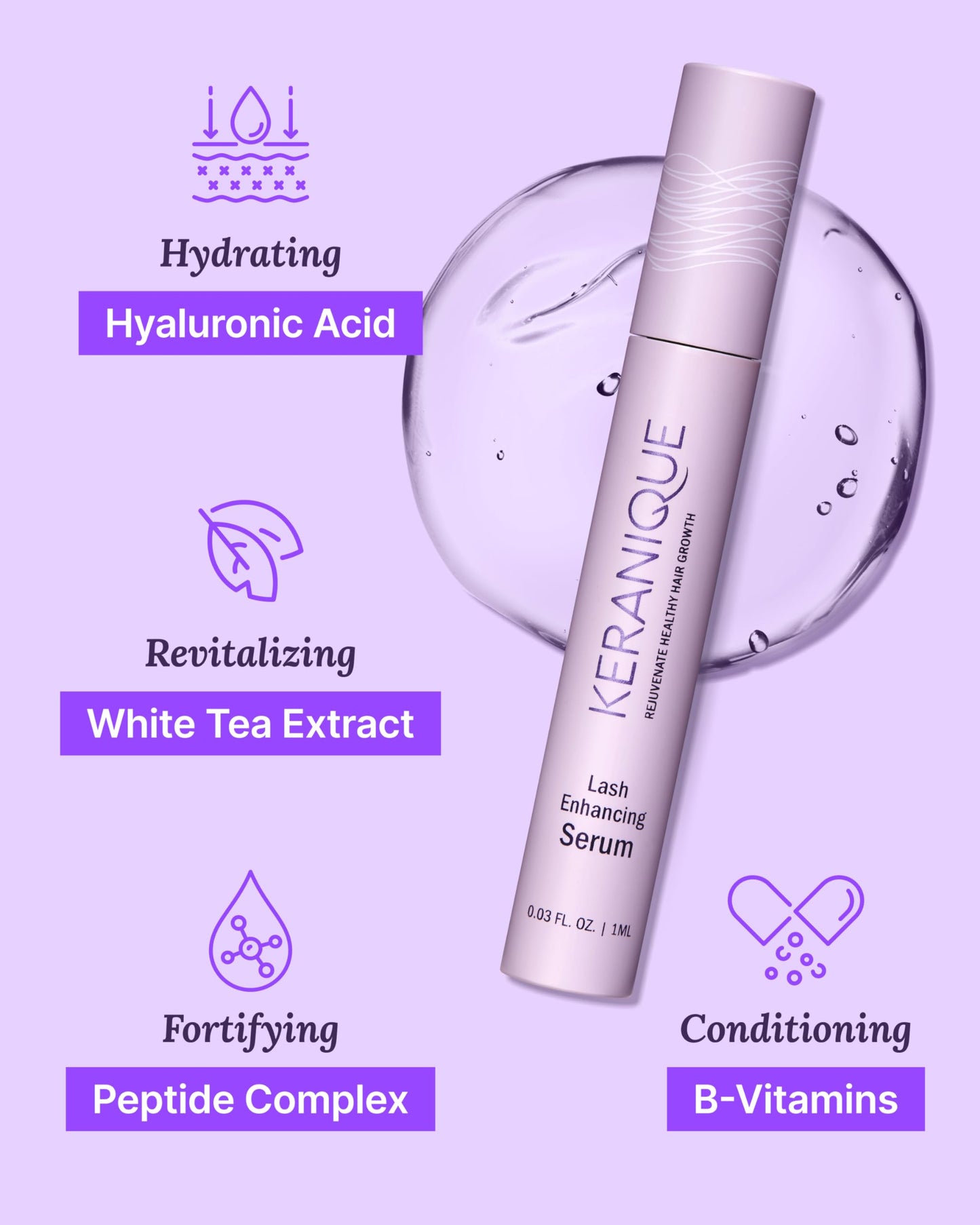 Keranique Lash Growth Serum - Eyelash Enhancer for Women with Thin & Brittle Lashes - Intense Boost for Long, Natural Eyelashes