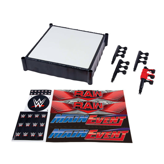 Mattel WWE Superstar Ring – Main Event & RAW Playset with Labels, Spring-Loaded Ring Mat & Pro Tension Elastic Ropes