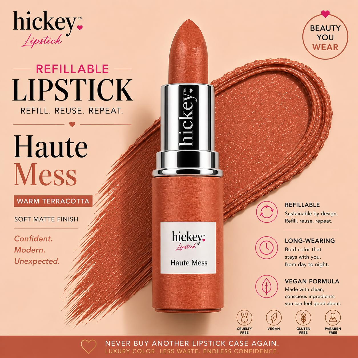 Hickey Lipstick Refill - Haute Mess (Terracotta) - Hydrating Formula with Jojoba Oil, Long Lasting Velvet Finish Lipstick for Women - Vegan &