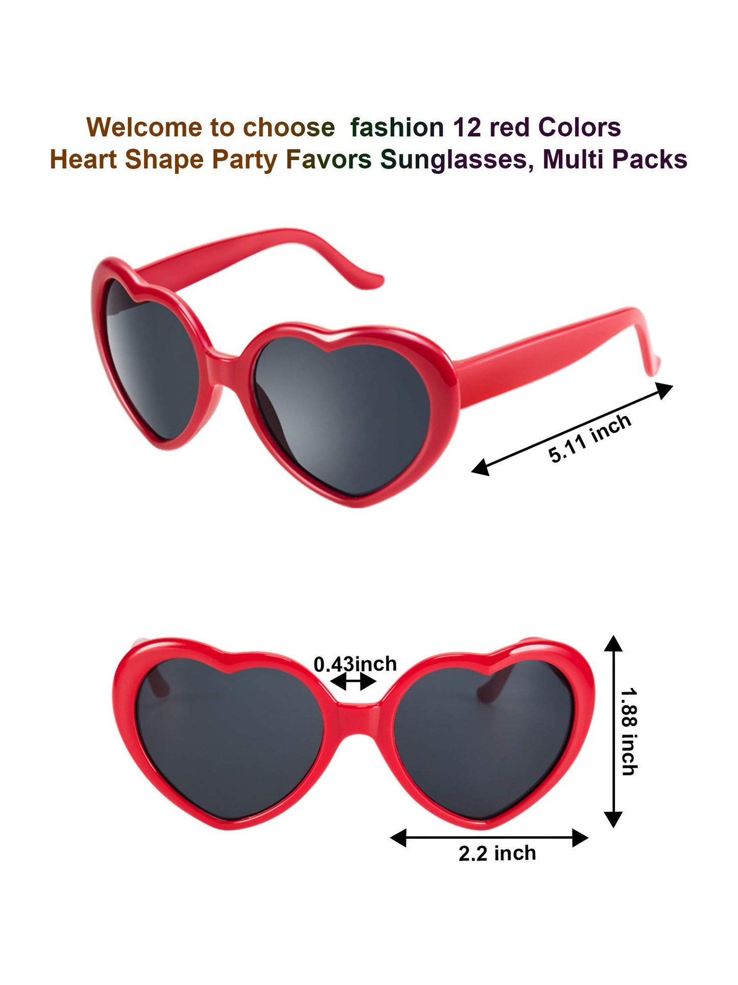 Blulu 12 Pieces Neon Colors Heart Shape Sunglasses for Women Party Favors and Festival (Red)