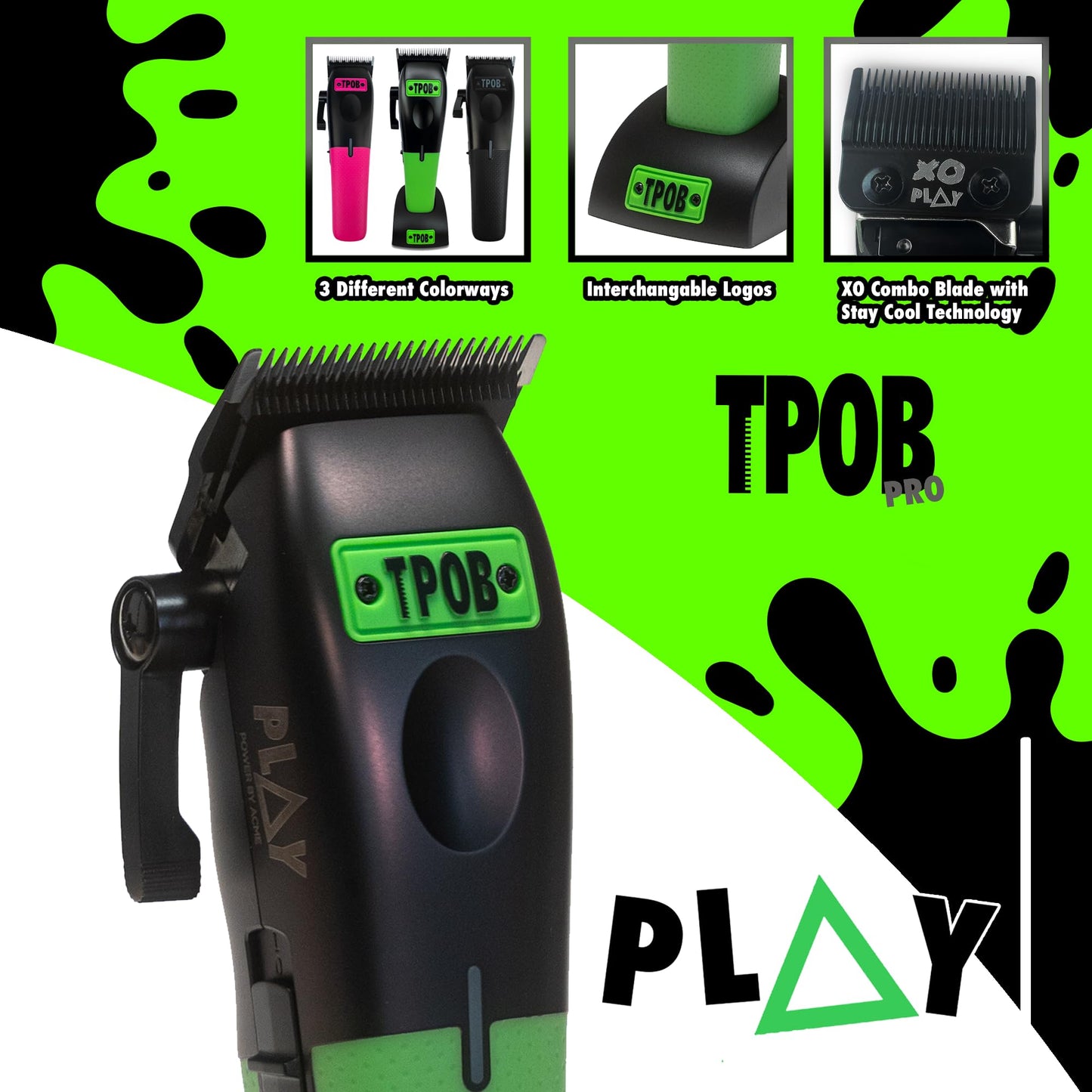 TPOB Play Barber Hair Clippers for Men 7500 RPM with Rubber Grips (Black/Green/Pink) Beauty and Personal Care TPOB