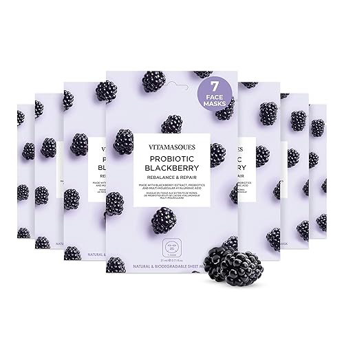 Vitamasques Probiotic Blackberry Face Sheet Mask 7 Pack - Korean Skin Care Facial Mask Rebalances & Repairs Skin with Multi Molecular Hyaluronic Acid