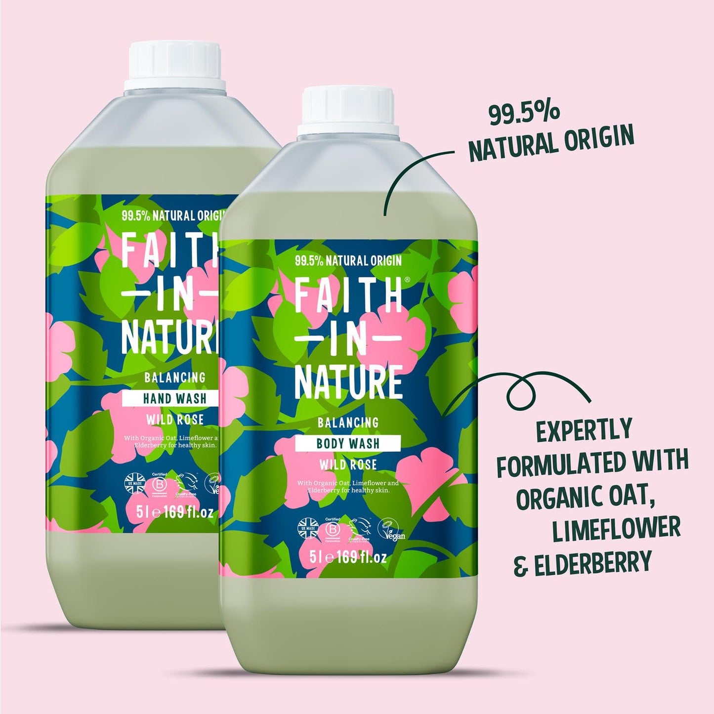 Faith In Nature Natural Hand Wash & Body Wash Set - Vegan & Cruelty Free, No SLS or Parabens - 2 x 169 fl oz Value Bundle Pack, Wild Rose