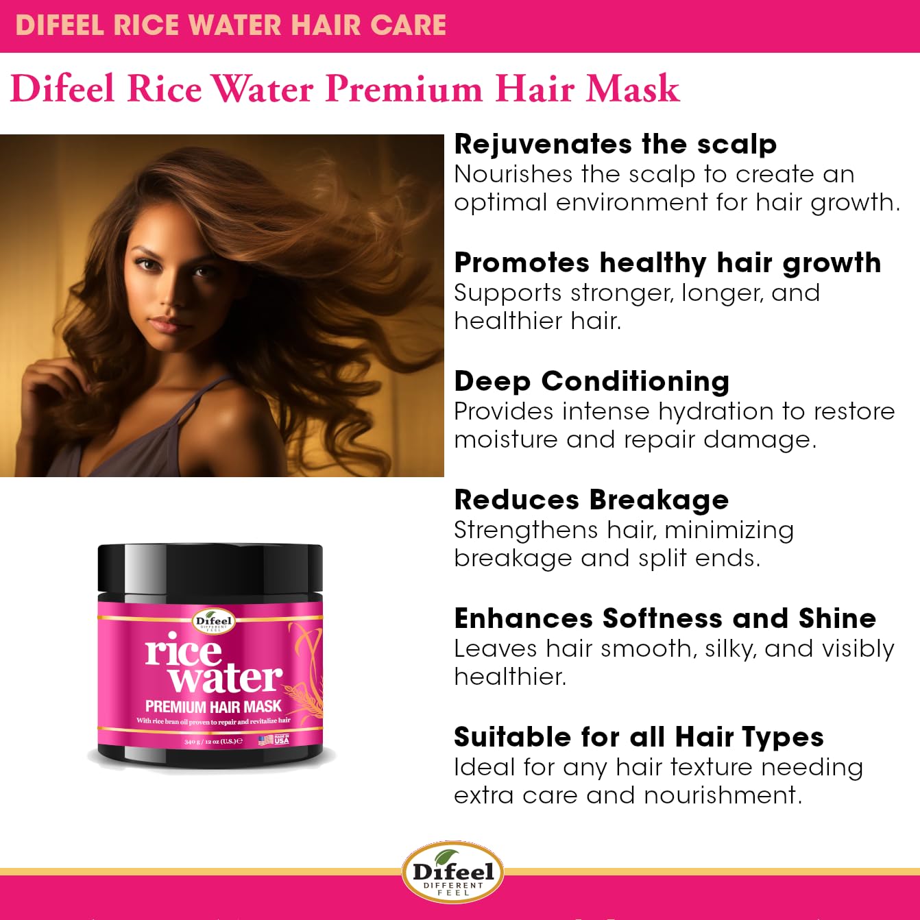 Difeel Premium Rice Water Hair Mask 12 oz. - Deep Repair Mask for Dry, Damaged Hair