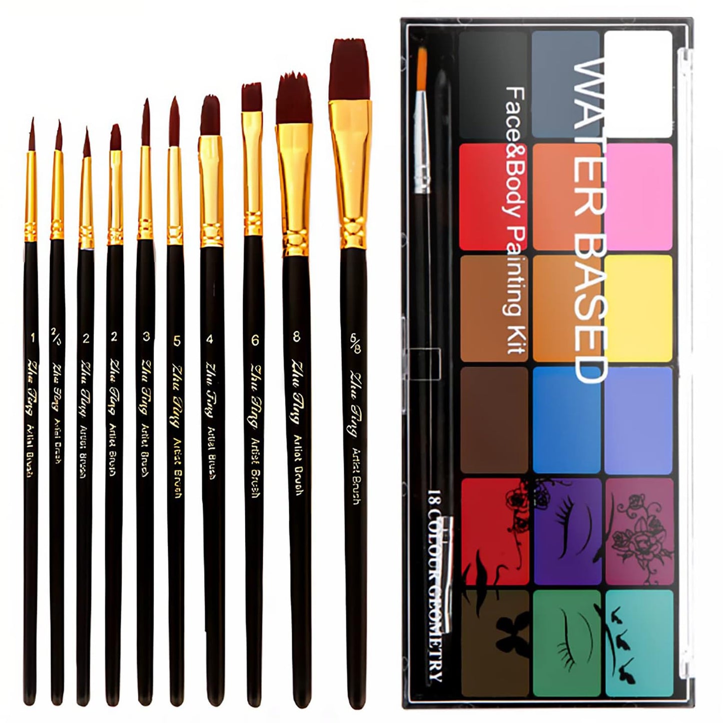 BRIMFULITE Face Painting Kit Non-toxic Body Paint Washable 18 Colors Facepaint Makeup Kit for Adults with 10 Face Paint Brushes for Halloween Party