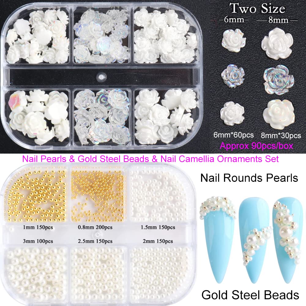 UARUOGP 90 Pcs 5D Mixed White Flower Camellia Nail Art Set and 900 Pcs 3D Nail Art Supplies Round Pearls Caviar Beads Nails Charms Tips Glitter