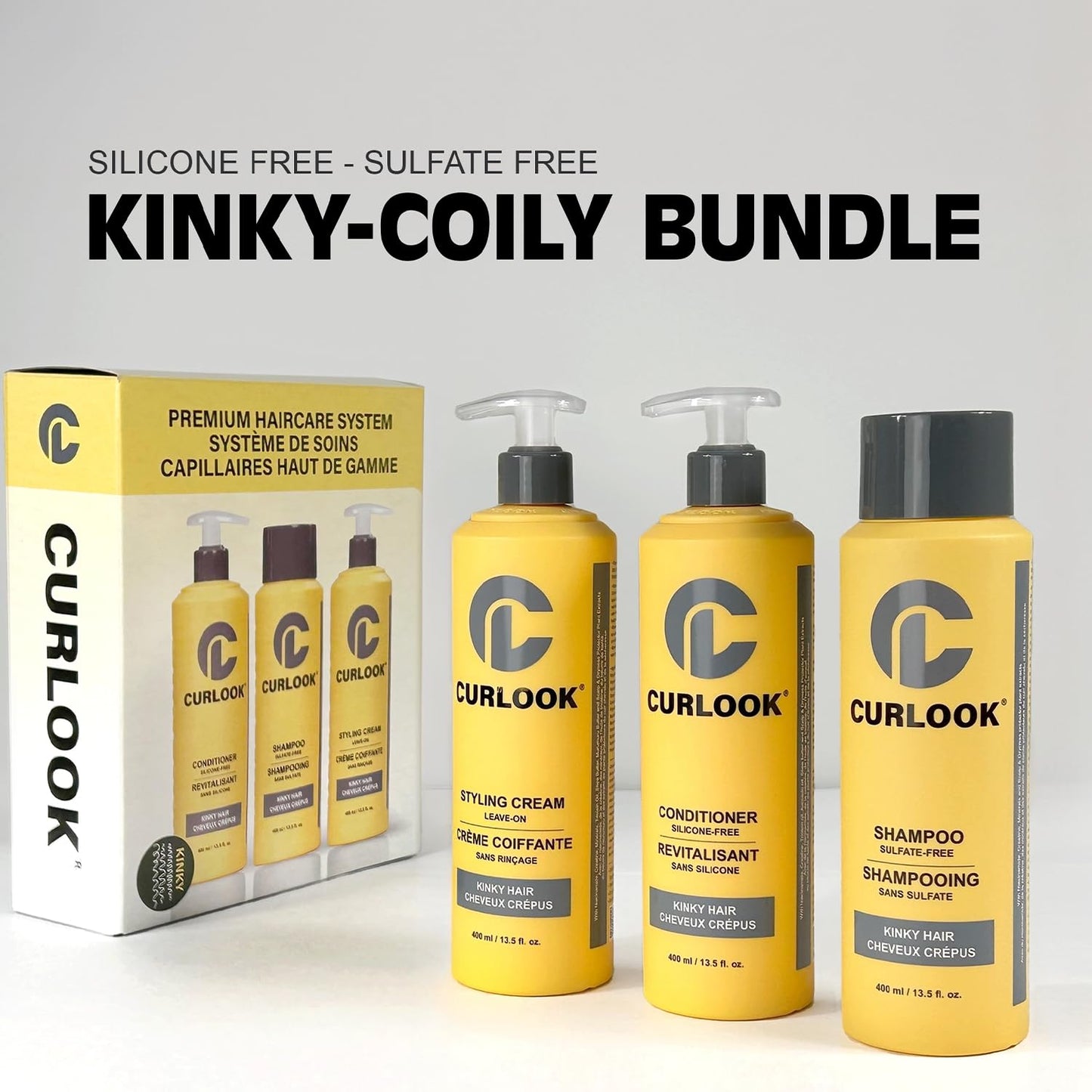 Curlook Kinky-Coily Hair Package | Shampoo, Conditioner & Leave-In Styling Cream Set | Sulfate-Free, Silicone-Free | 400ml (13.5 oz) Each Bottle |