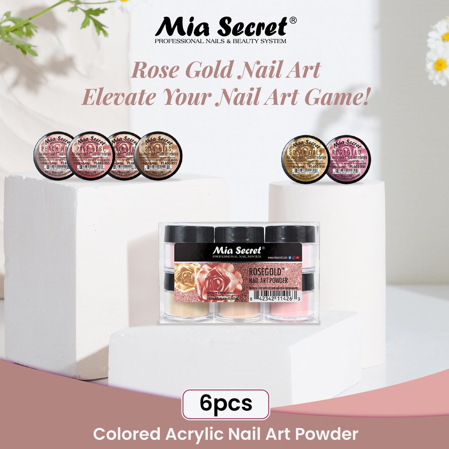 Mia Secret Colored Acrylic Nail Art Powder Collection - Rosegold, 6PC