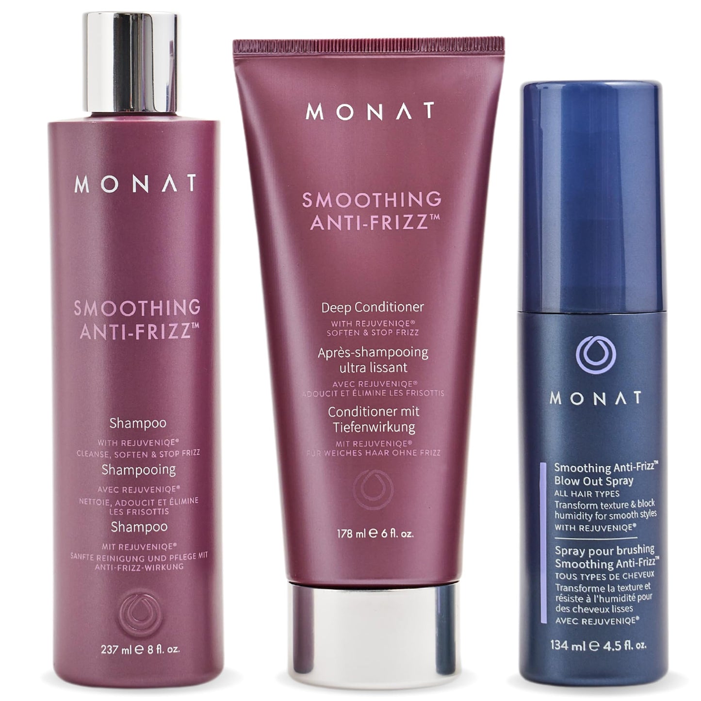 MONAT Smoothing Anti Frizz System - Frizz Resistant Hair Care with Anti Frizz Shampoo Frizz Control Conditioner & Blowout Styling Spray - Professional