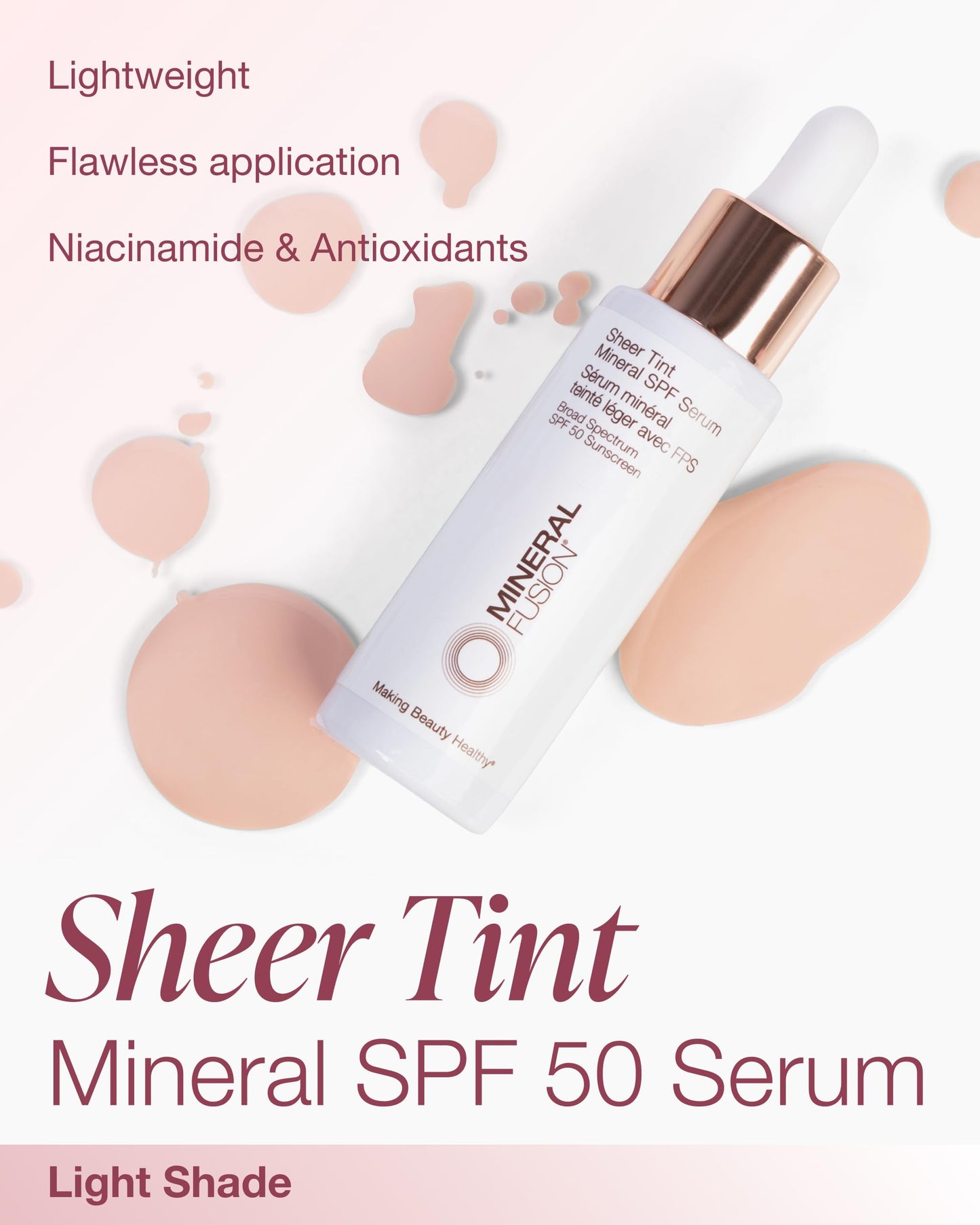 Mineral Fusion Sheer Tint SPF Face Serum (Light) - Tinted Broad Spectrum SPF 50 Mineral Zinc Oxide Sunscreen - Sheer Coverage Makeup, Lightweight & Dewy Finish - With Niacinamide, Aloe Vera - 1 Fl Oz