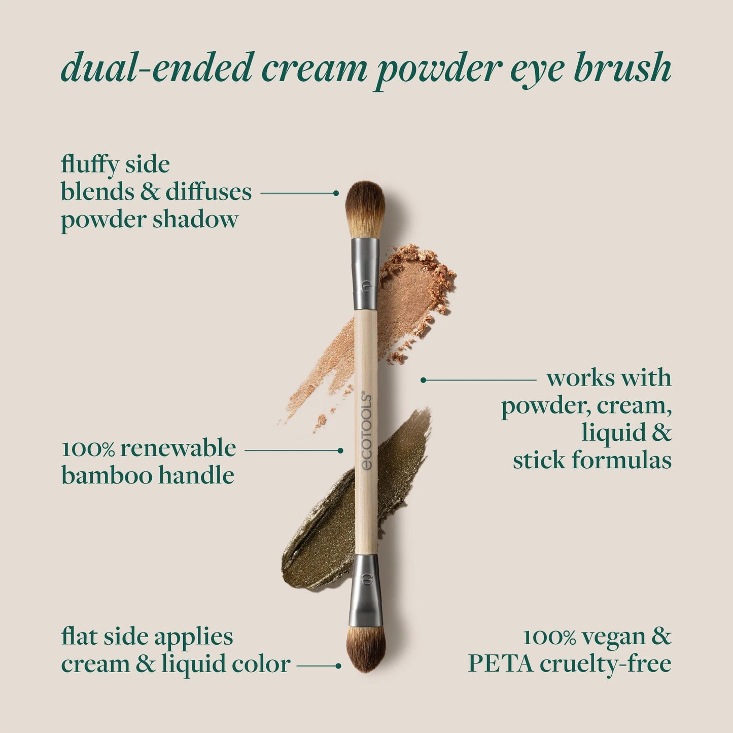 EcoTools Cream & Powder Dual-Ended Eye Brush, Flat & Fluffy Eyeshadow Brush for Packing, Blending & Full Eye Looks, Sustainable Makeup Brush, Vegan