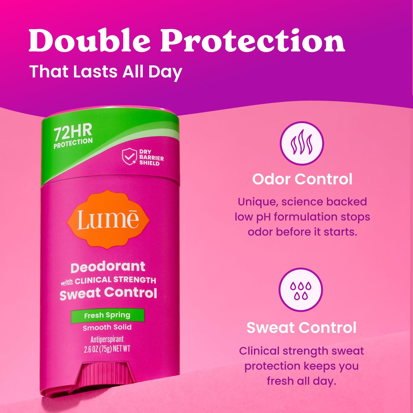 Lume Deodorant Plus Sweat Control - Smooth Solid Stick - Maximum Strength Antiperspirant - 72 Hour Odor And Sweat Control - Baking Soda Free, Skin Beauty and Personal Care Lume