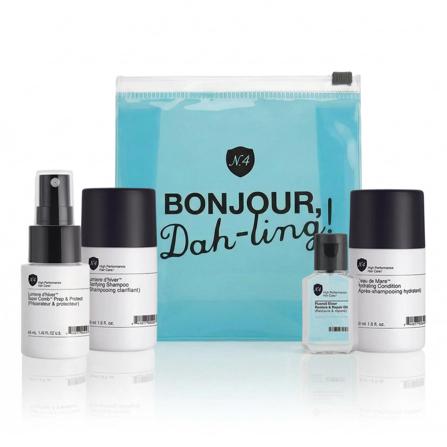 Number 4 Try Me Set - Daily Clarifying Shampoo 1.5oz, Hydrating Condition 1.5oz, Super Comb Prep & Protect 1.5oz, Fluoro5 Elixer Restore & Repair Oil