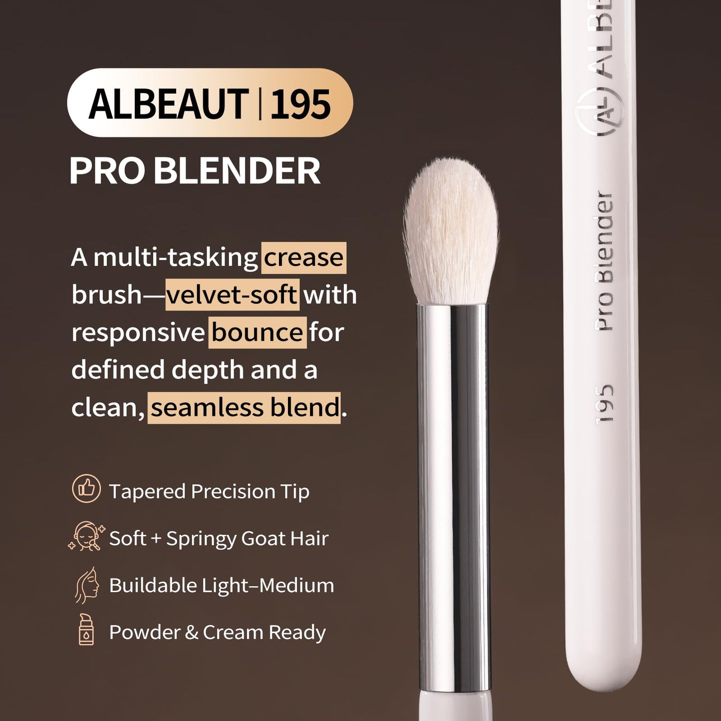 Albeaut Tapered Eye Shadow Brush, Medium Powder Eyeshadow Blending Brush for Crease, Fluffy Eye Makeup Tool for Women and Girls (195 Pro Blender)