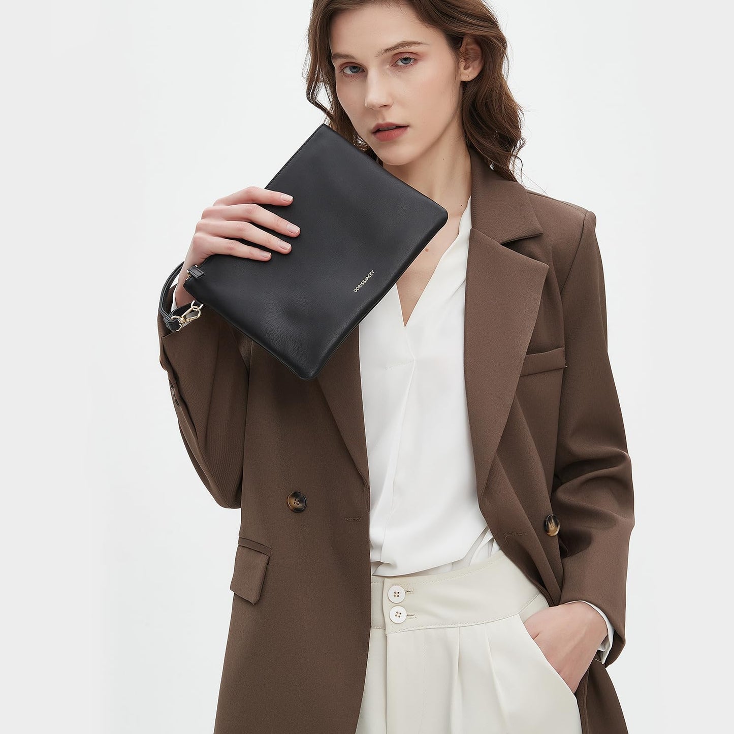 DORIS&JACKY Lambskin Leather Wristlet Clutch Purse For Women Large Soft Designer Wallet With Strap