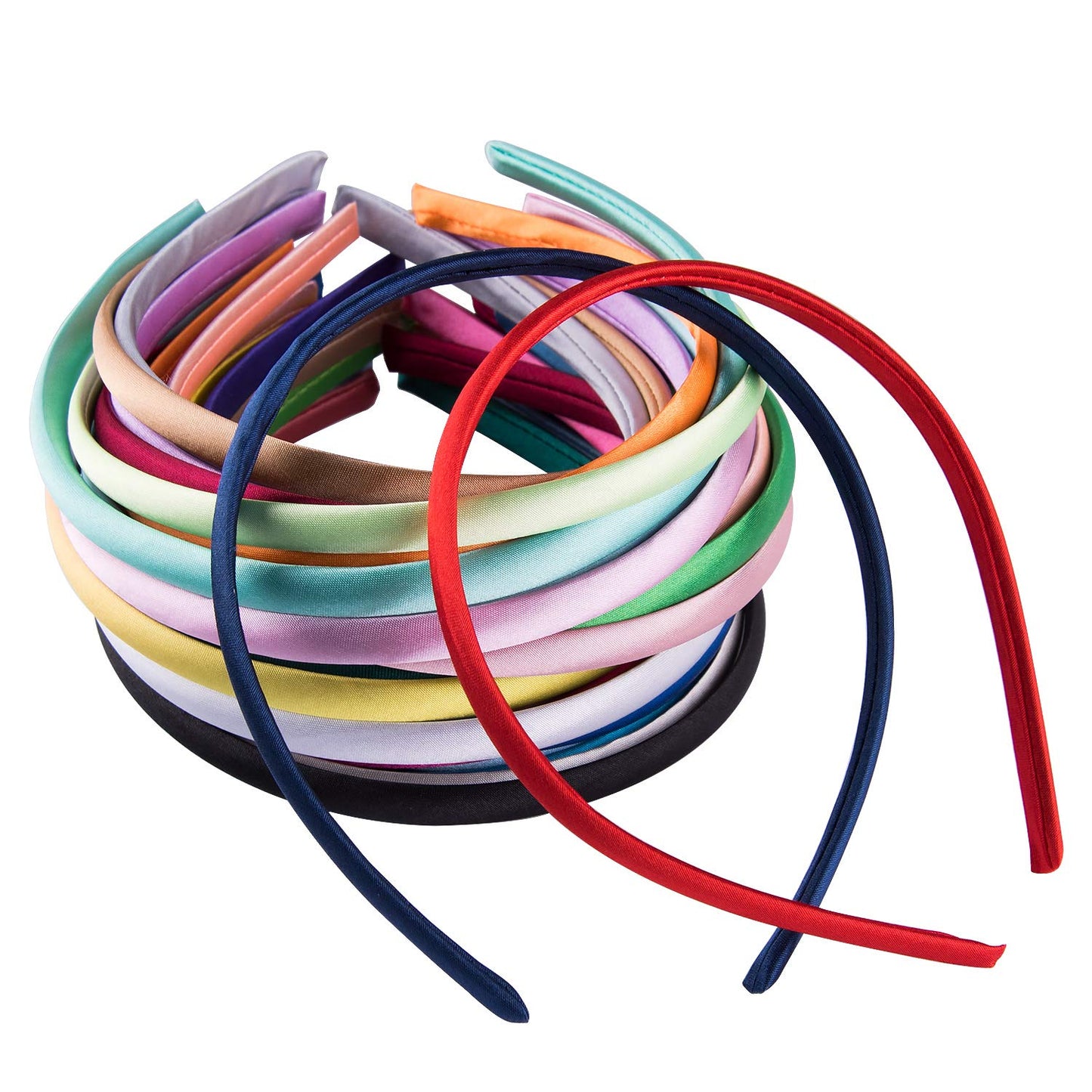 Duufin 30 Pieces Satin Headbands for Girls DIY Craft Headband 1cm Plain Girls Headband Colorful Satin Coverd Headbands, 30 Colors