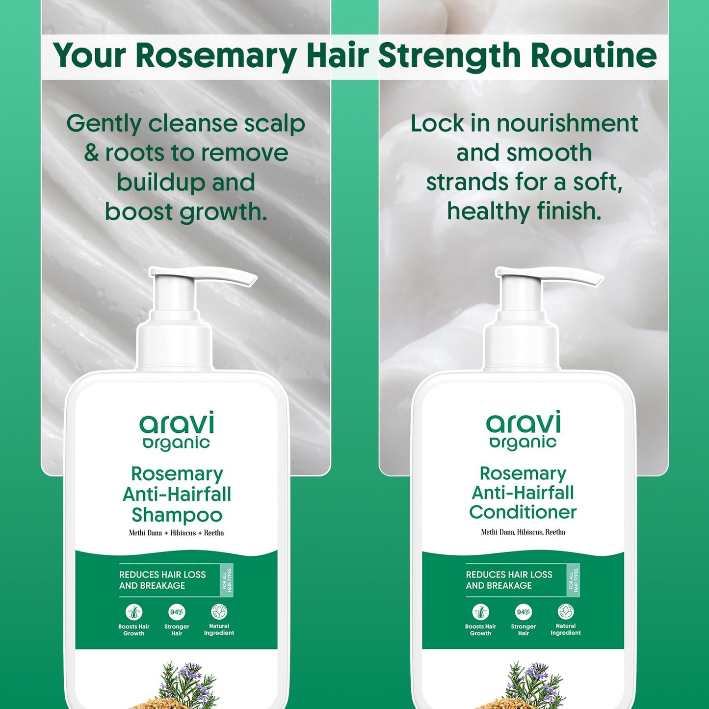 Aravi Organic Rosemary Anti Hairfall & Hair Growth Shampoo & Conditioner Combo | Sulphate Free Shampoo For Men & Women | For Dry & Frizzy Hair |