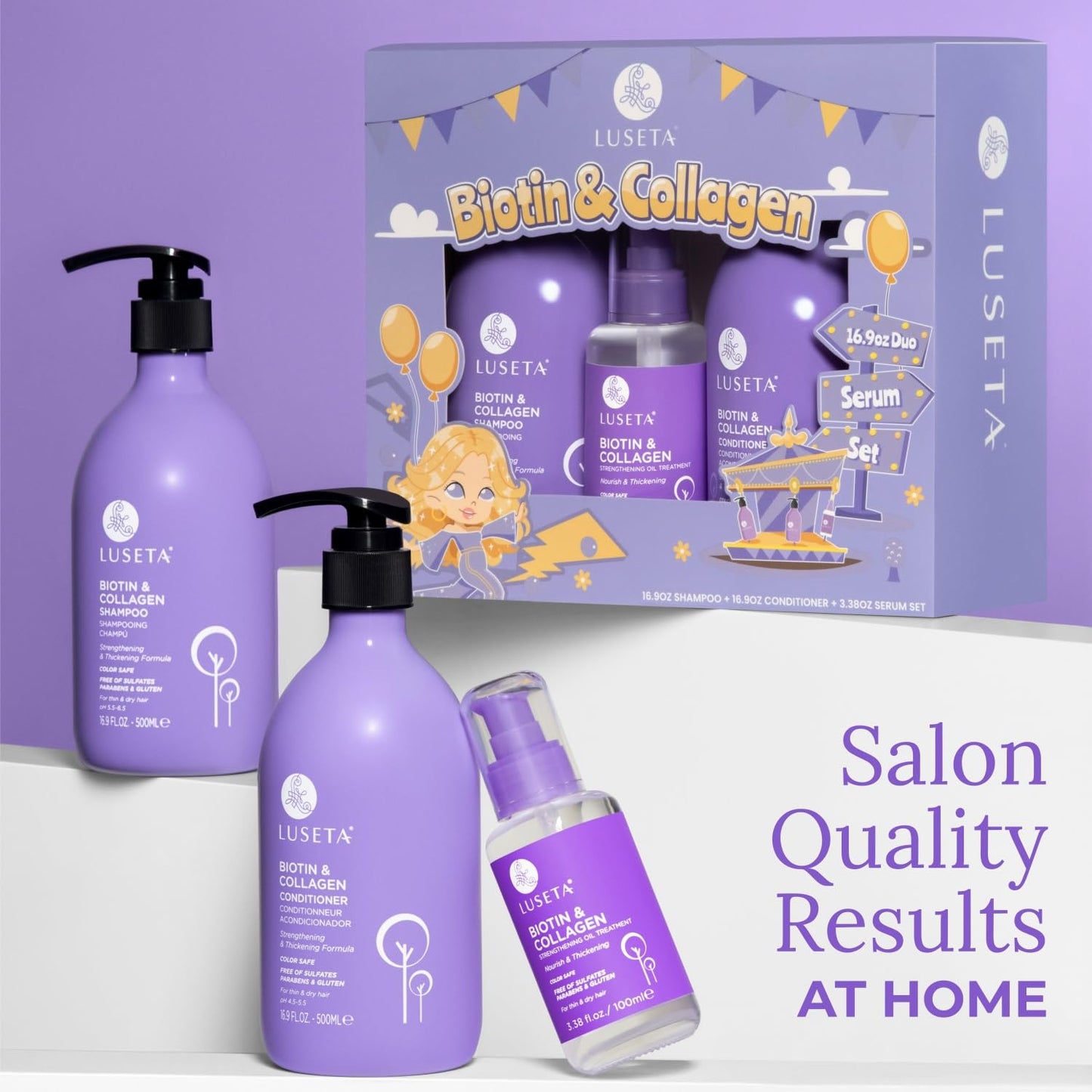 Luseta Biotin Trio Hair Care Set Moisturizing Shampoo and Conditioner Set 16.9 oz*2 and 3.38 oz Hair Serum Thickening for Thinning Damaged Dry Hair