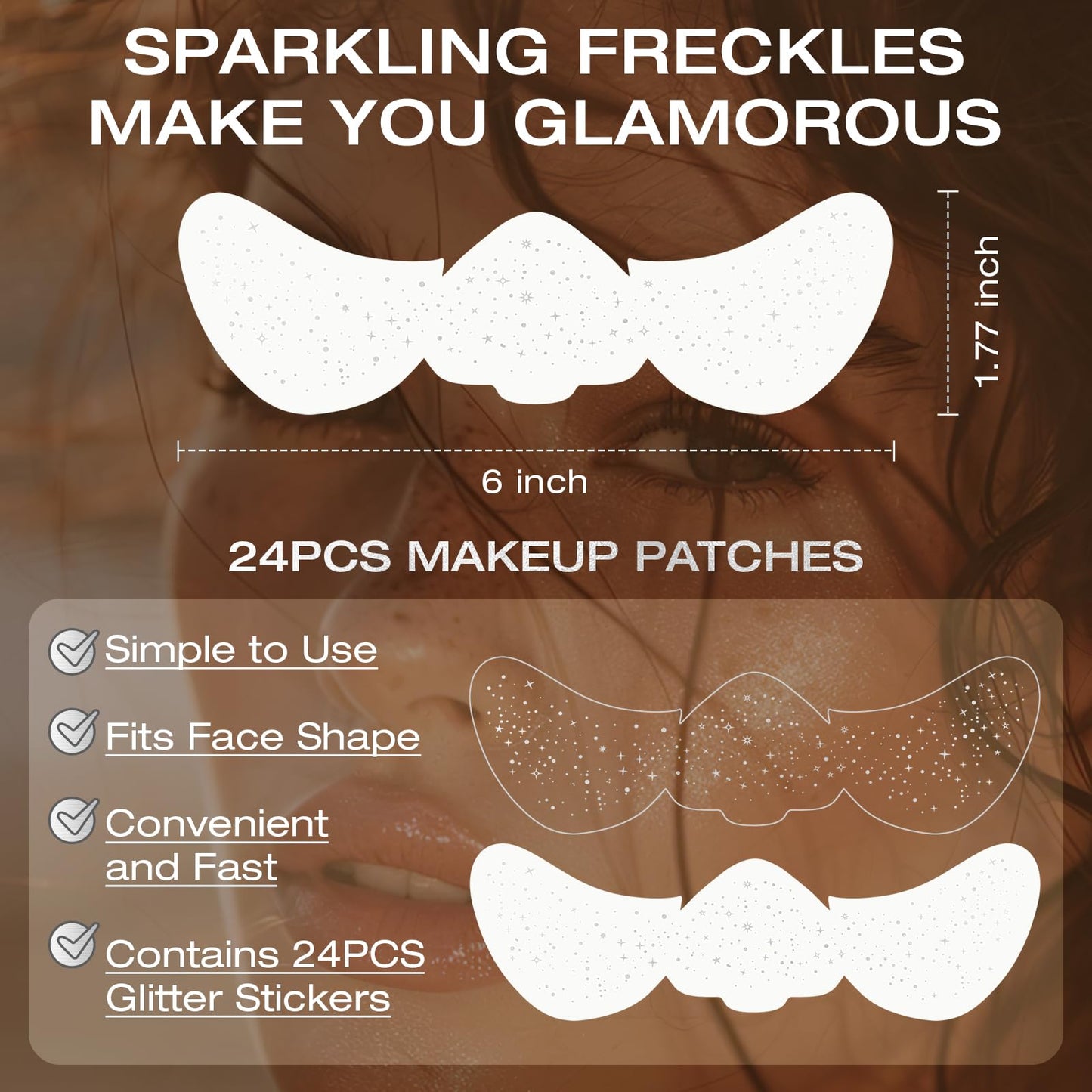 Leterly 24 Pcs Glitter Freckles Face Tattoo,Silver Face Glitter Makeup Patches Cute Sparkle Freckles Patches Waterproof Makeup Speckles for Face